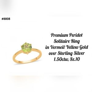 Stunning premium Peridot solitaire ring, vermeil yellow gold, Sz.10